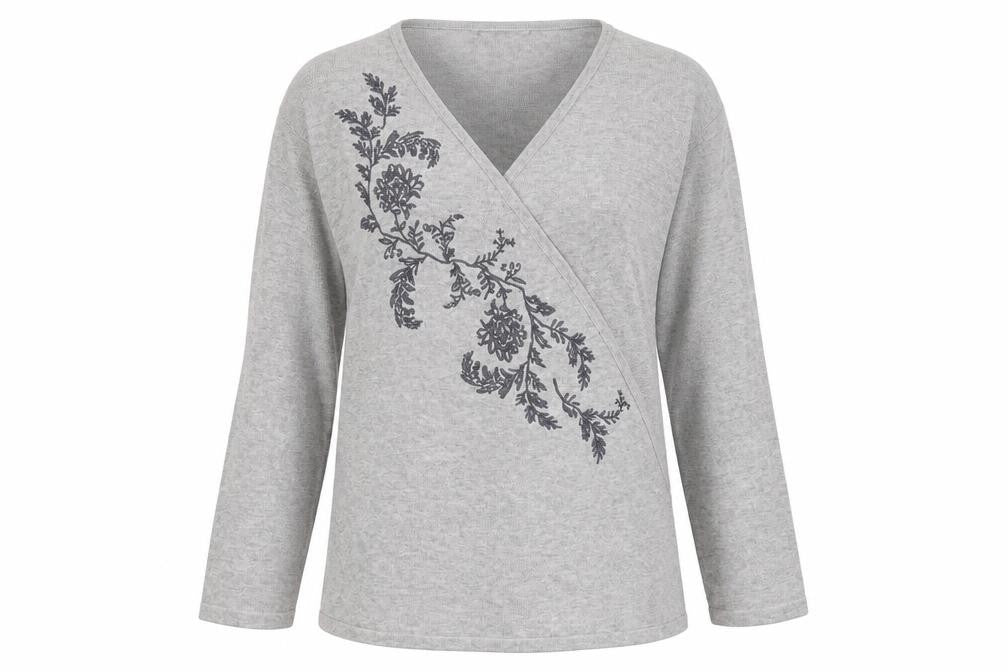 Signature Womens Grey V-Neck Cotton Pullover Jumper Size XL - Floral Detail