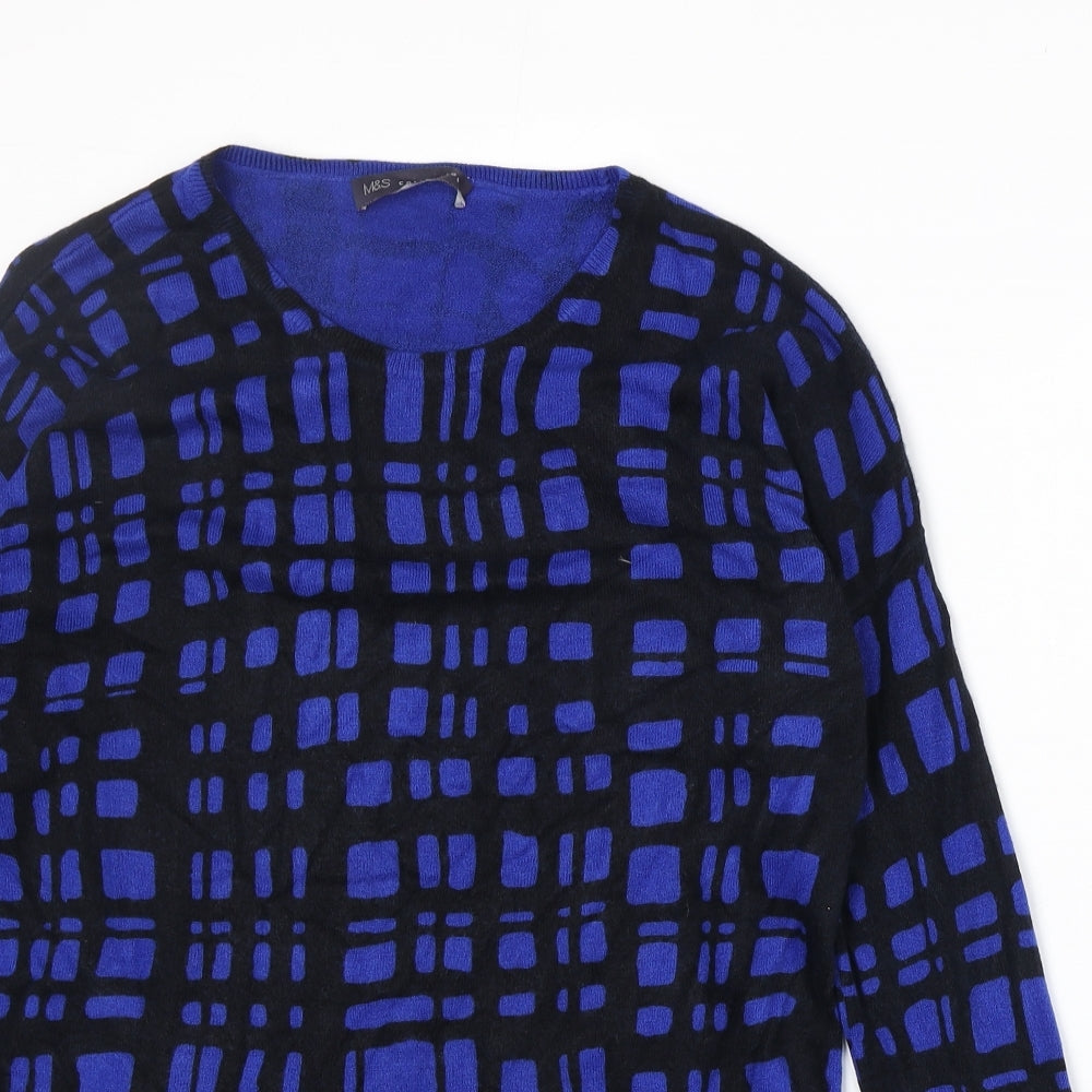 Marks and Spencer Womens Blue Round Neck Geometric Acrylic Pullover Jumper Size 8
