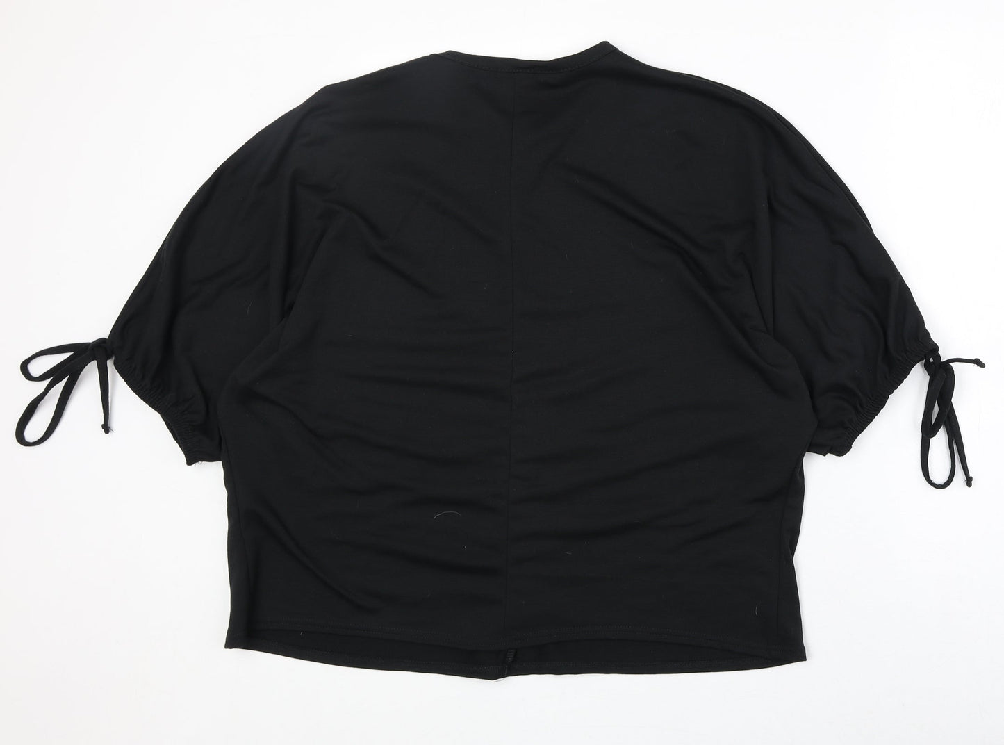 Boohoo Womens Black Polyester Basic T-Shirt Size 12 Round Neck - Tie Sleeve Detail
