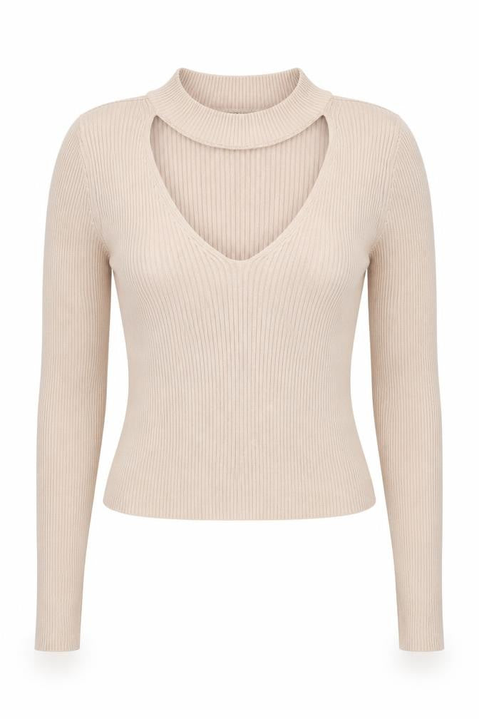 Atmosphere Womens Beige Mock Neck 100% Cotton Pullover Jumper Size 8 - Cut Out Detail