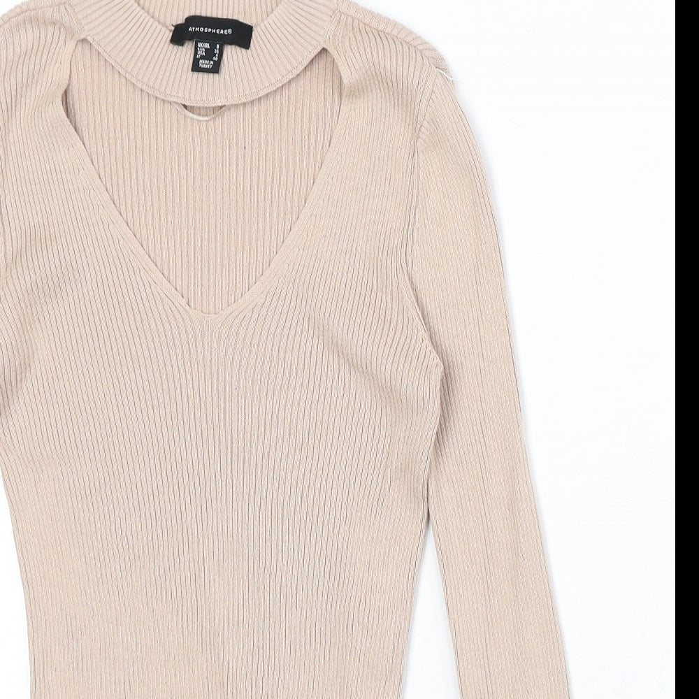 Atmosphere Womens Beige Mock Neck 100% Cotton Pullover Jumper Size 8 - Cut Out Detail