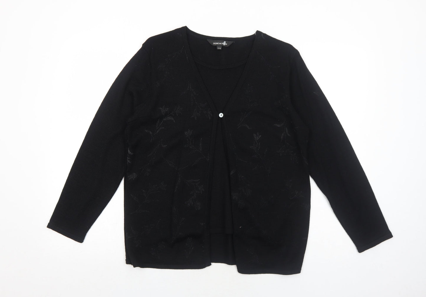 Debbie Morgan Womens Black V-Neck Floral Acrylic Cardigan Jumper Size S