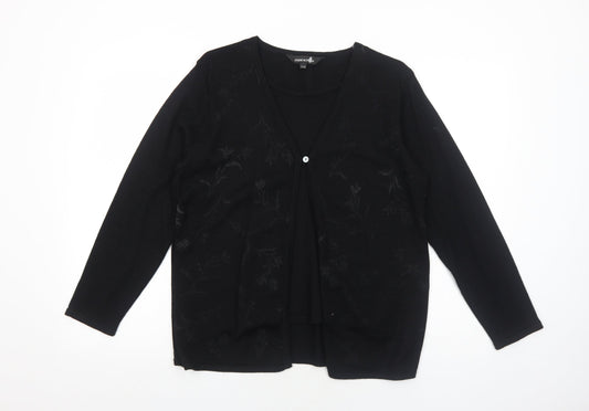 Debbie Morgan Womens Black V-Neck Floral Acrylic Cardigan Jumper Size S