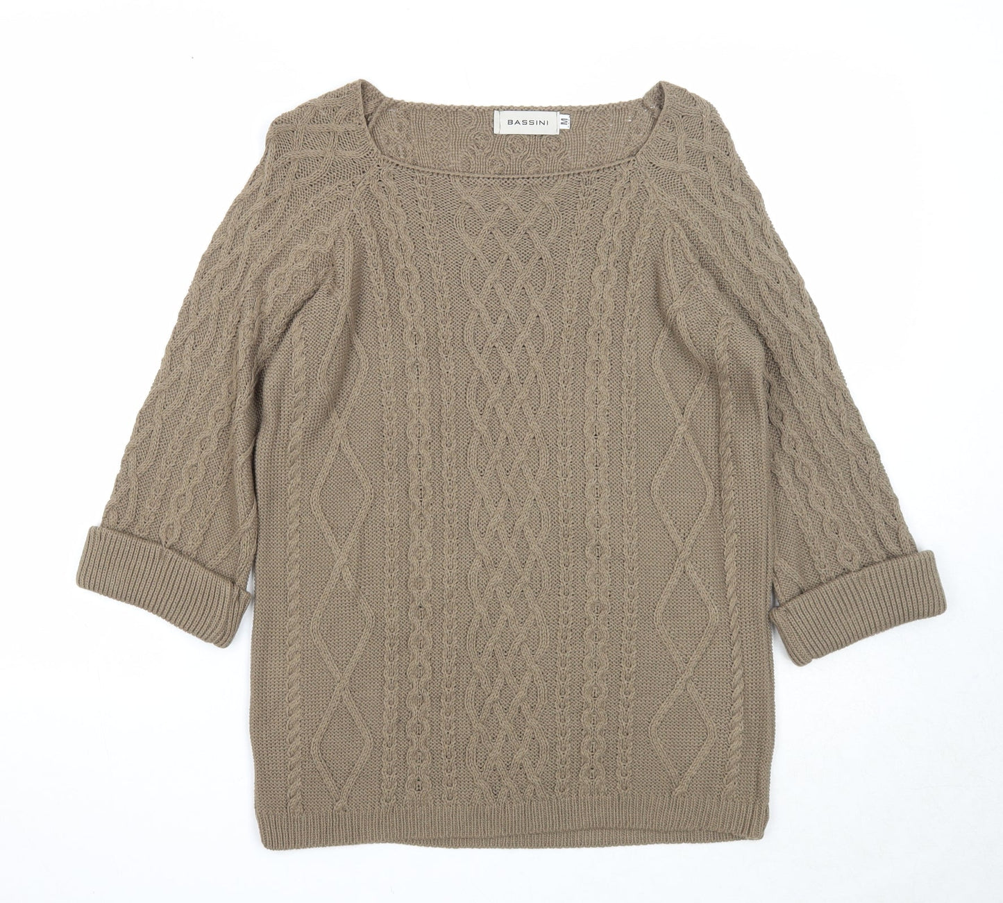 BASSINI Womens Brown Square Neck Geometric Acrylic Pullover Jumper Size M