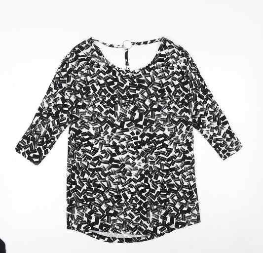 Dorothy Perkins Womens Black Geometric Viscose Basic Blouse Size 10 Round Neck - Ring Detail on Back