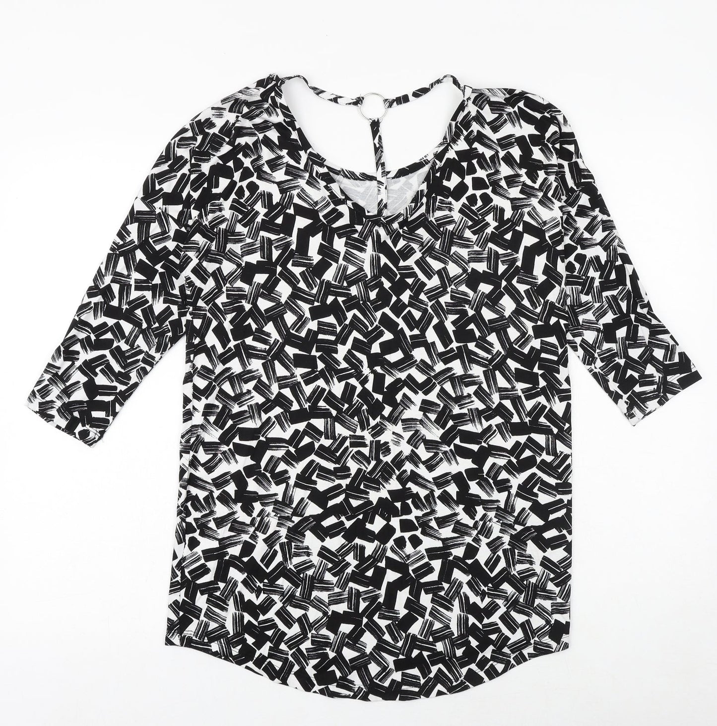 Dorothy Perkins Womens Black Geometric Viscose Basic Blouse Size 10 Round Neck - Ring Detail on Back