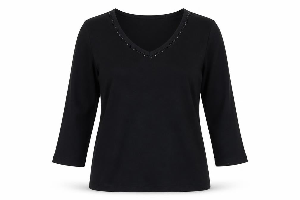 Lisa Campione Womens Black 100% Cotton Basic Blouse Size 14 V-Neck