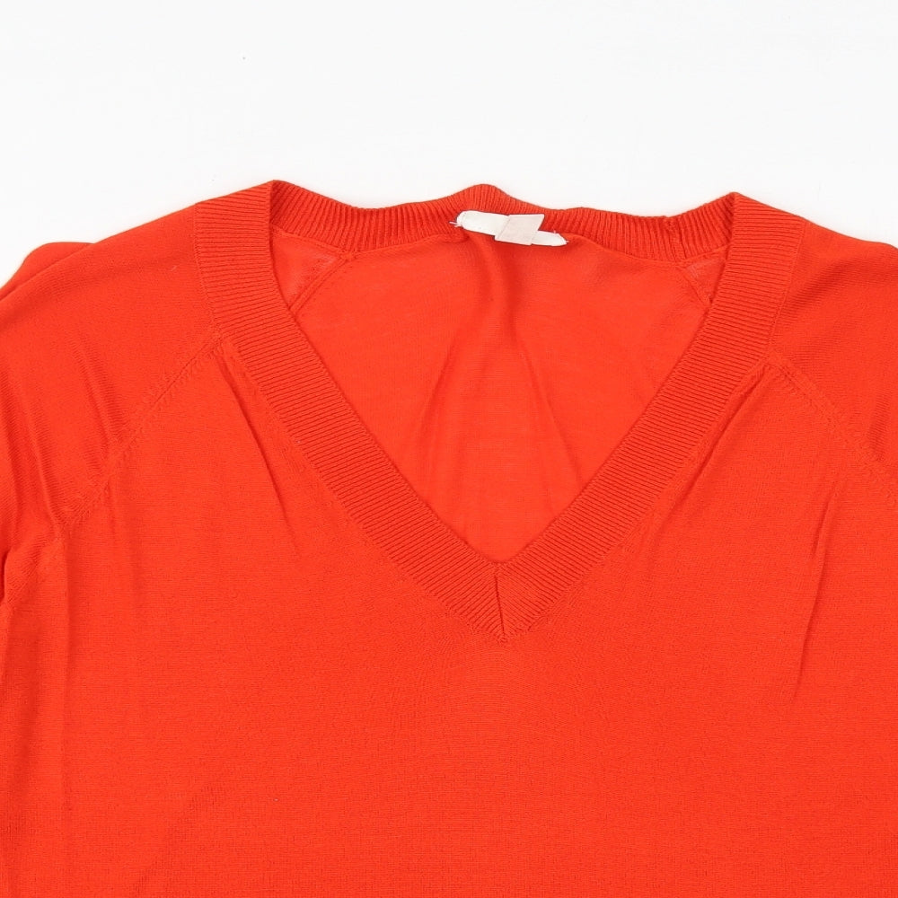 H&M Womens Orange V-Neck Herringbone Acrylic Pullover Jumper Size M
