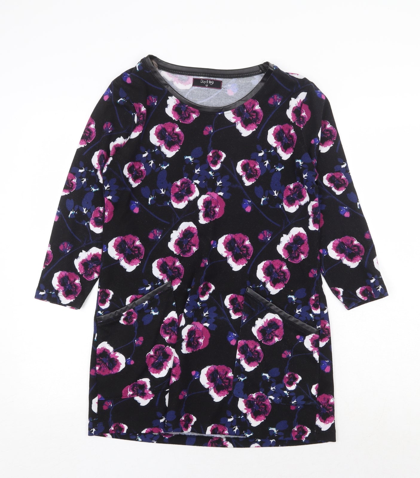 Day & Night Womens Black Round Neck Floral Polyester Pullover Jumper Size 12