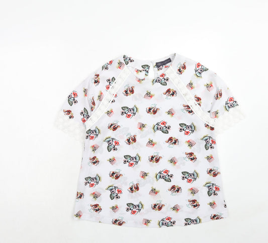 Marks and Spencer Womens White Floral Polyester Basic Blouse Size 10 Round Neck - Crocheted Lace Detail