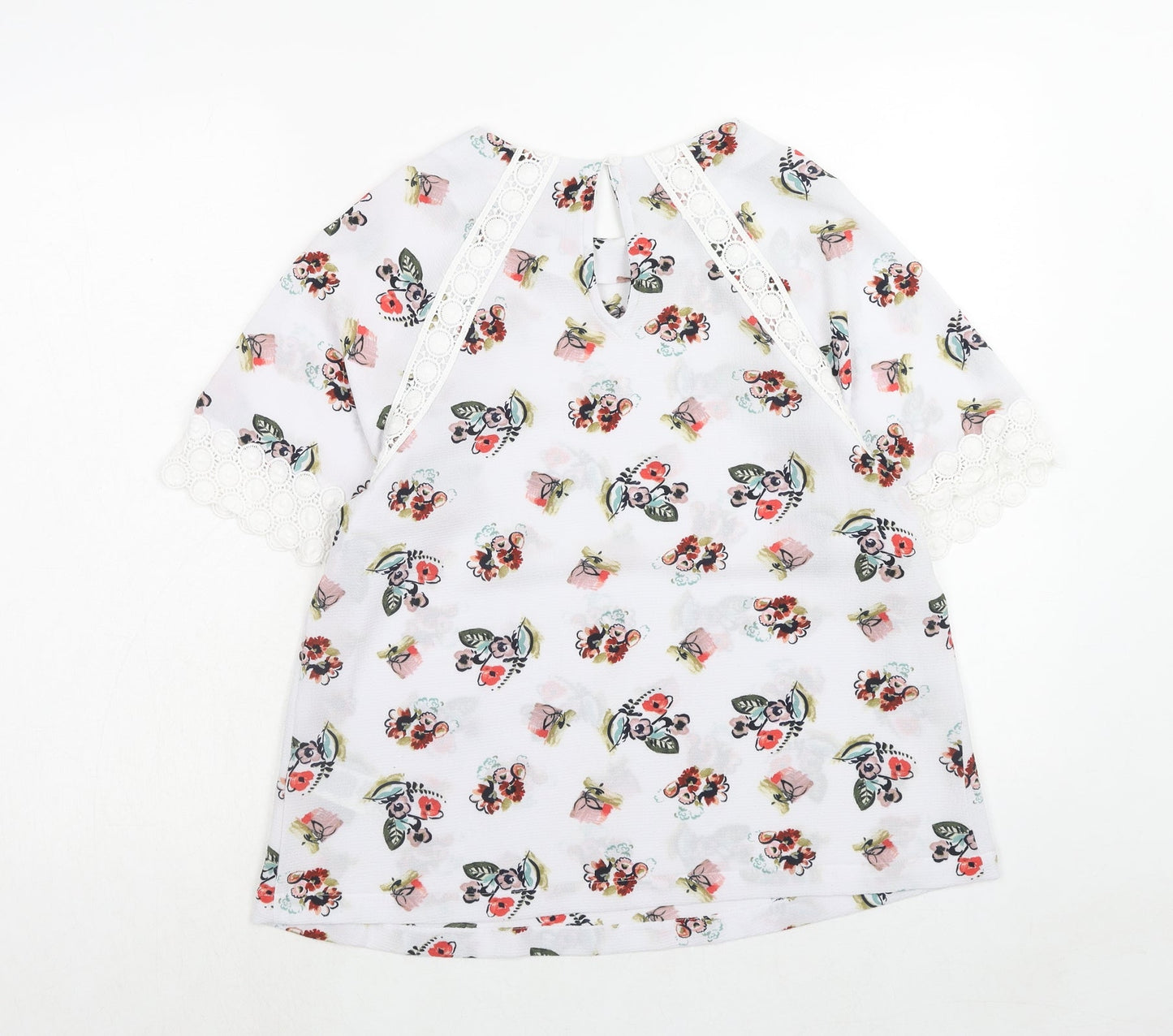 Marks and Spencer Womens White Floral Polyester Basic Blouse Size 10 Round Neck - Crocheted Lace Detail