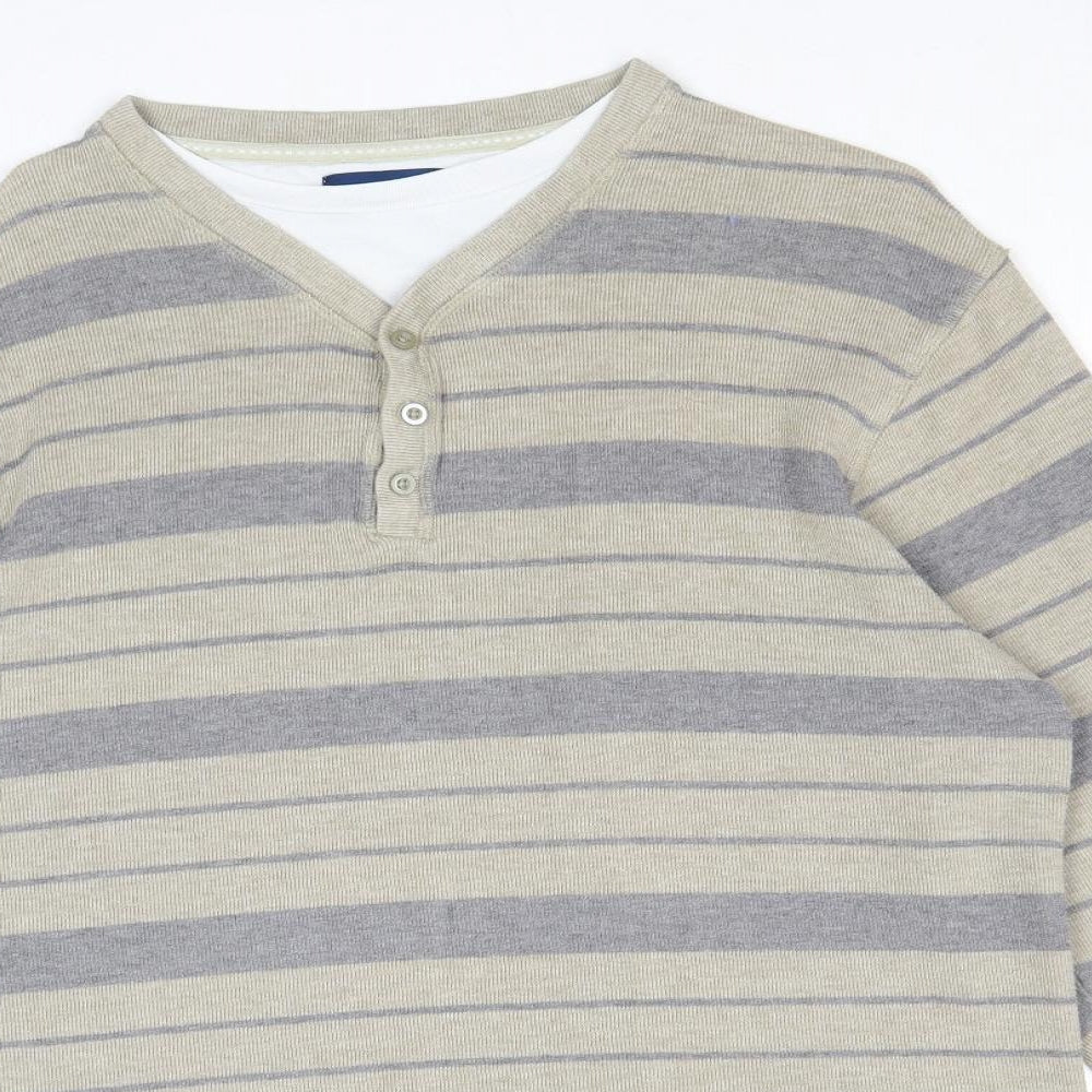 BHS Mens Brown Striped Polyester Button-Up Size L V-Neck Button