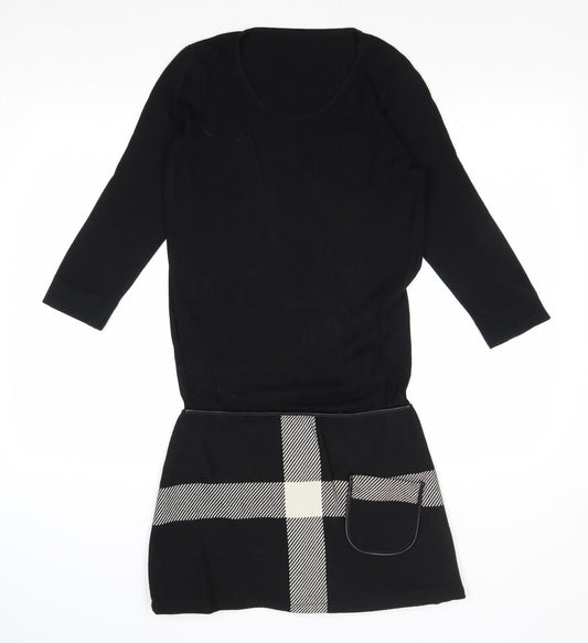 Trend Womens Black Check Polyester Jumper Dress Size 10 Round Neck Zip