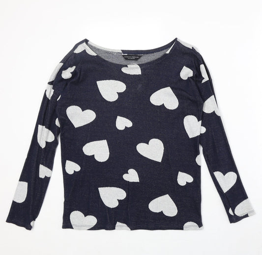 Dorothy Perkins Womens Blue Round Neck Geometric 100% Cotton Pullover Jumper Size 8 - Heart Pattern