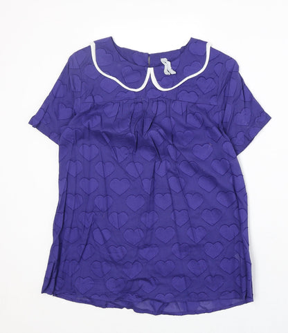 Preworn Womens Blue Geometric 100% Cotton Basic Blouse Size 10 Collared - Hearts