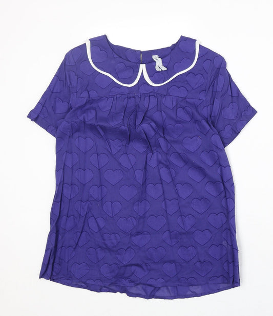 Preworn Womens Blue Geometric 100% Cotton Basic Blouse Size 10 Collared - Hearts
