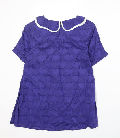 Preworn Womens Blue Geometric 100% Cotton Basic Blouse Size 10 Collared - Hearts