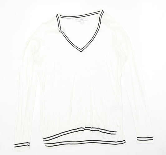 NEXT Womens Ivory V-Neck Viscose Pullover Jumper Size 10 Pullover - Stripe Detail