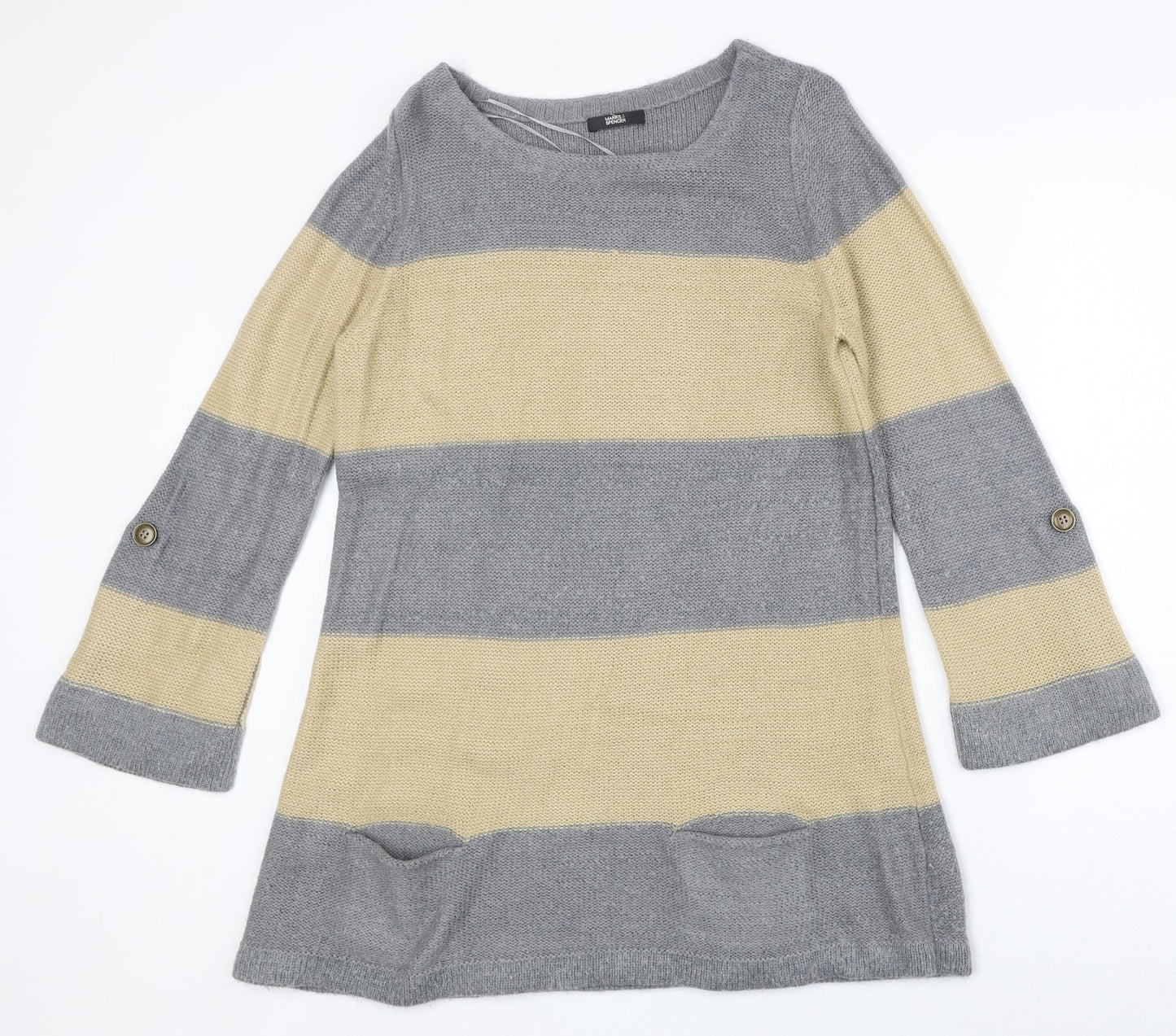 Marks and Spencer Womens Grey Round Neck Striped Acrylic Pullover Jumper Size 14