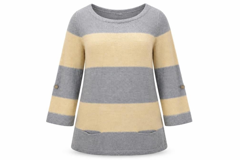Marks & Spencer Womens Grey Round Neck Striped Acrylic Pullover Jumper Size 14