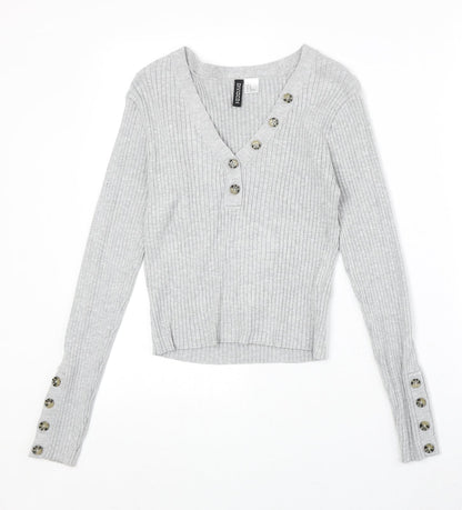 Divided by H&M Womens Grey V-Neck Acrylic Pullover Jumper Size M Button