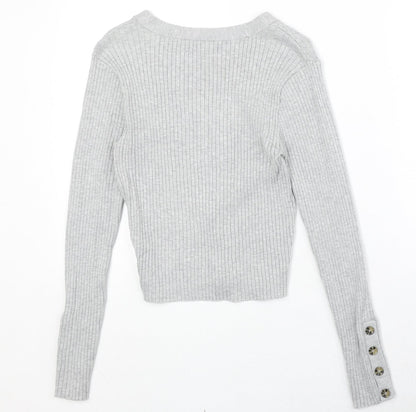 Divided by H&M Womens Grey V-Neck Acrylic Pullover Jumper Size M Button