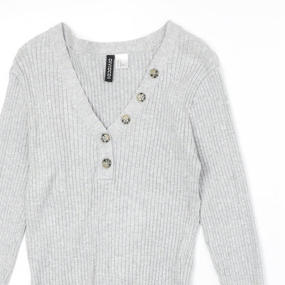 Divided by H&M Womens Grey V-Neck Acrylic Pullover Jumper Size M Button