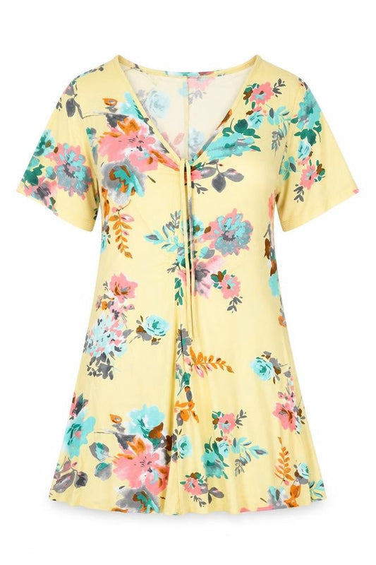 Gina Benotti Womens Yellow Floral Viscose Trapeze & Swing Size M V-Neck Pullover