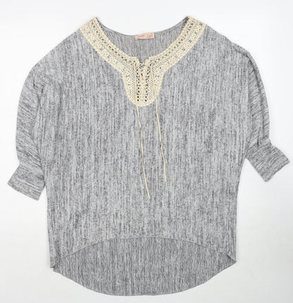 Krisp Womens Grey Boat Neck Polyester Pullover Jumper Size L - Lace Up Detail