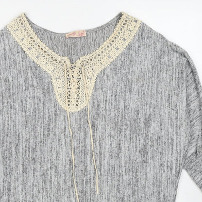 Krisp Womens Grey Boat Neck Polyester Pullover Jumper Size L - Lace Up Detail