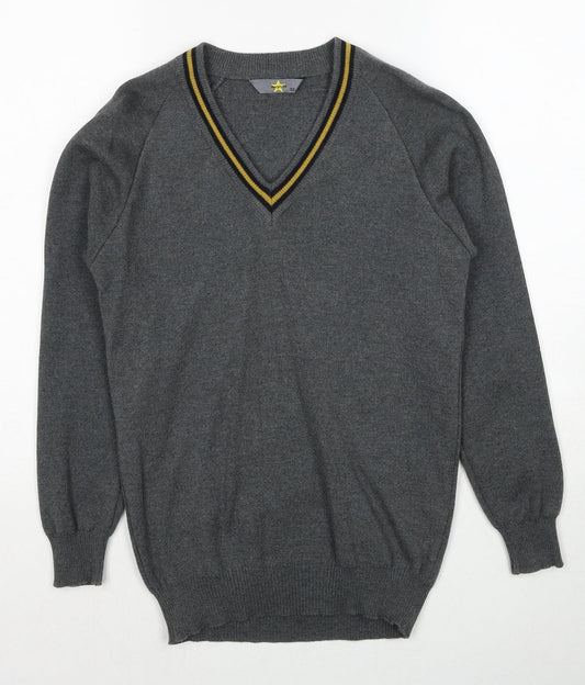 MagicFit Mens Grey V-Neck Cotton Pullover Jumper Size S Long Sleeve