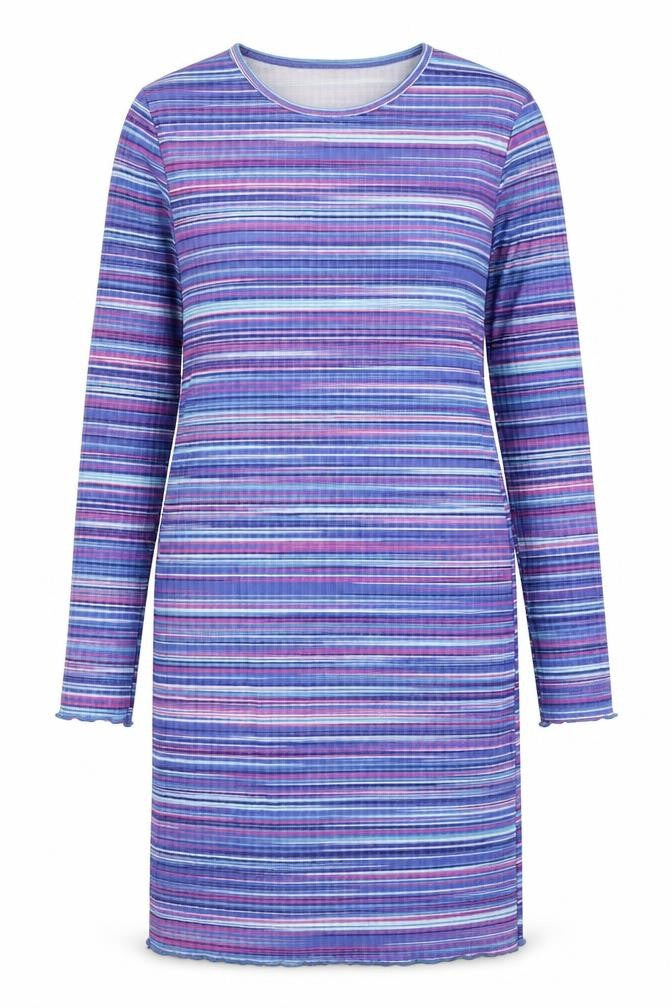 Mode-ll Womens Purple Striped Polyester A-Line Size 12 Round Neck