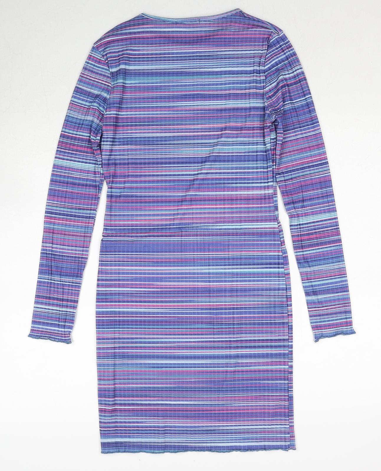 Mode-ll Womens Purple Striped Polyester A-Line Size 12 Round Neck