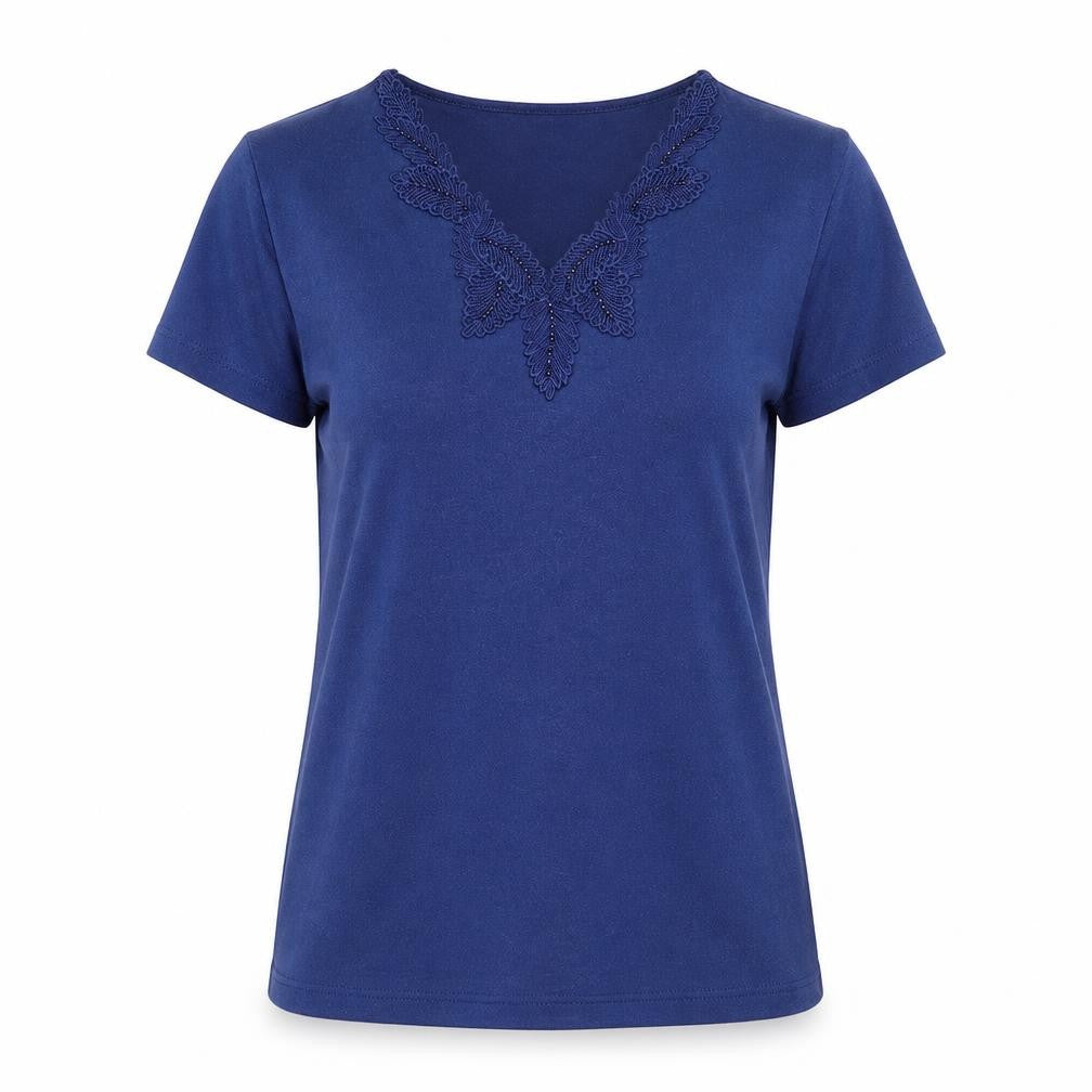//text.. Womens Blue Polyester Basic T-Shirt Size M V-Neck - Leaf Embroidery
