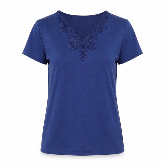 //text.. Womens Blue Polyester Basic T-Shirt Size M V-Neck - Leaf Embroidery