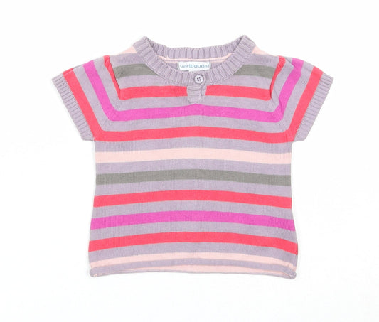 Vertbaudet Girls Multicoloured Striped Cotton Basic T-Shirt Size 3-6 Months Round Neck Button