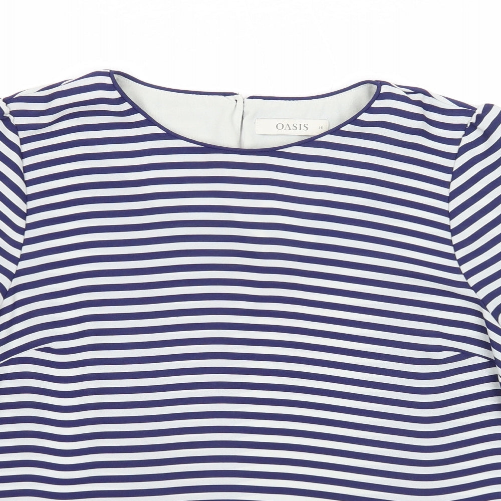 Oasis Womens Blue Striped Polyester Basic T-Shirt Size 14 Round Neck