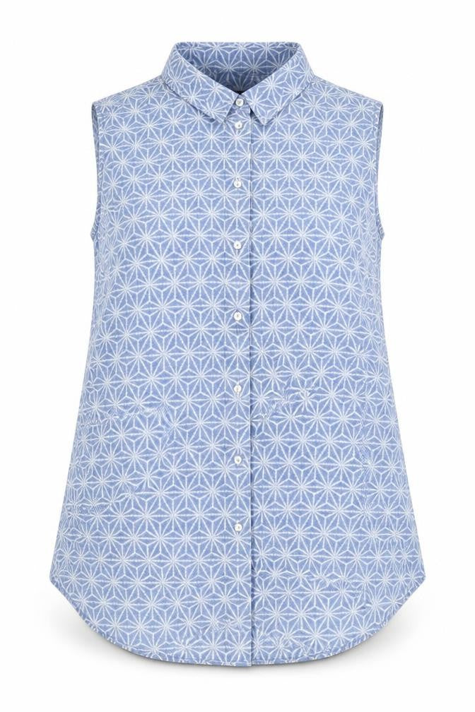 H&M Womens Blue Geometric Polyester Basic Button-Up Size 4 Collared
