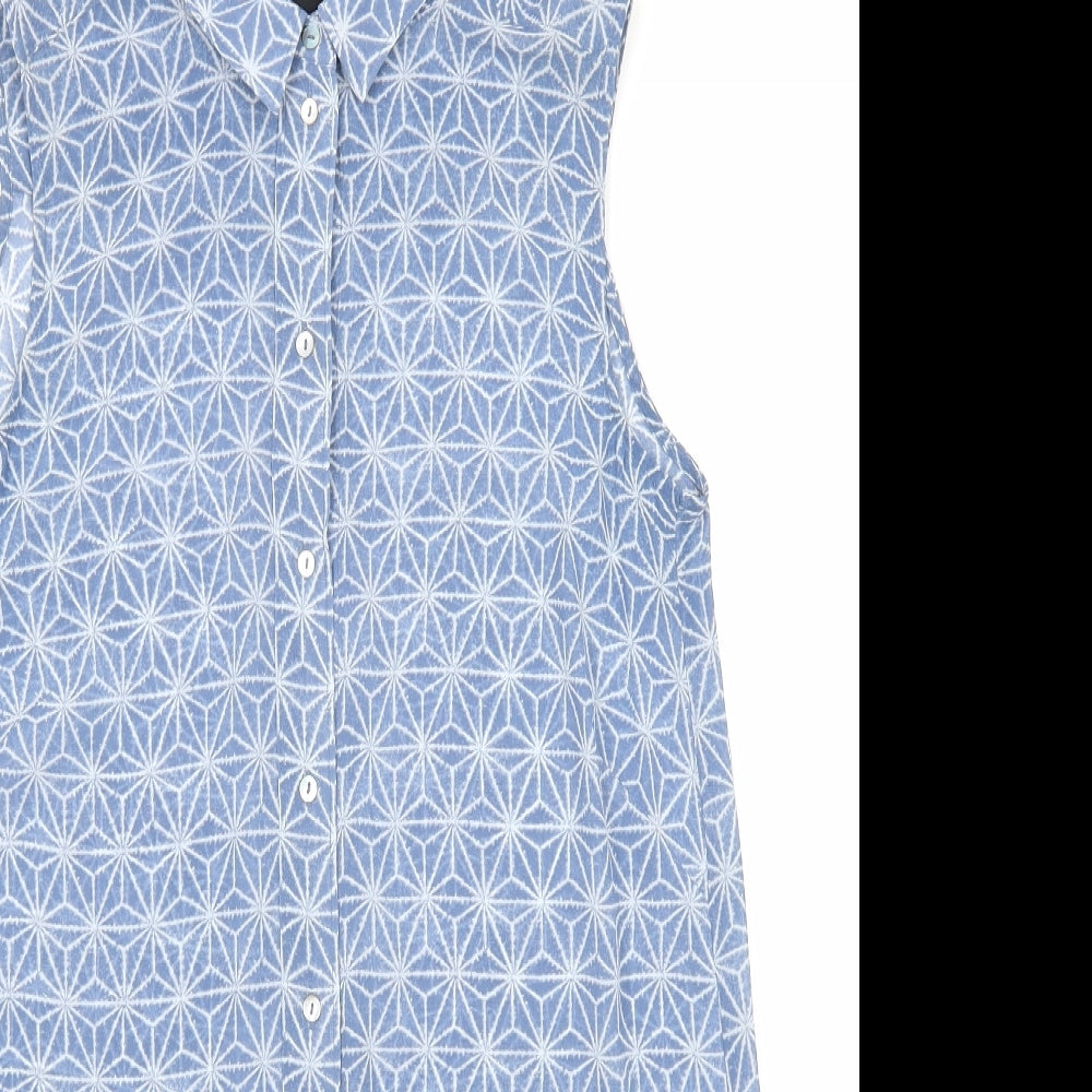 H&M Womens Blue Geometric Polyester Basic Button-Up Size 4 Collared