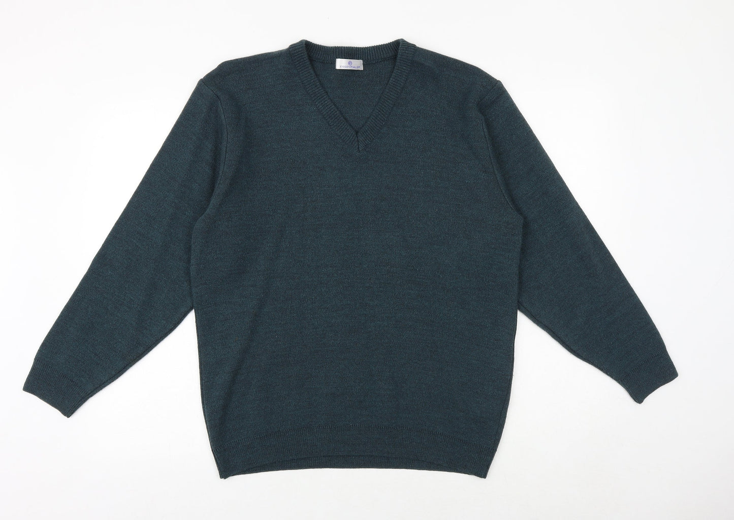 Essentials Mens Green V-Neck Acrylic Pullover Jumper Size M Long Sleeve