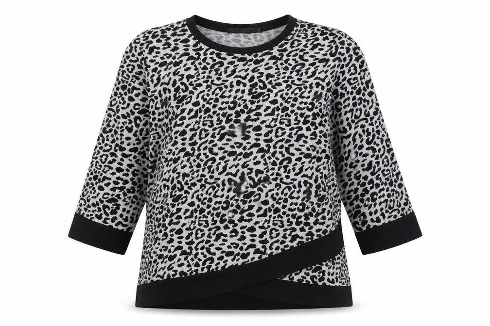 Tenki Womens Grey Animal Print Cotton Basic Blouse Size M Round Neck