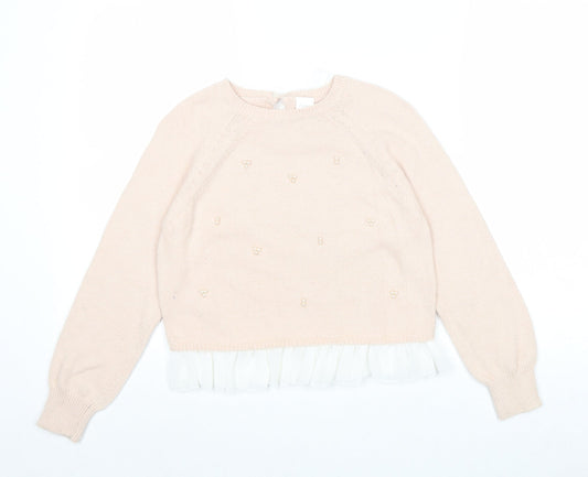 NEXT Girls Pink Round Neck Nylon Pullover Jumper Size 9 Years Button