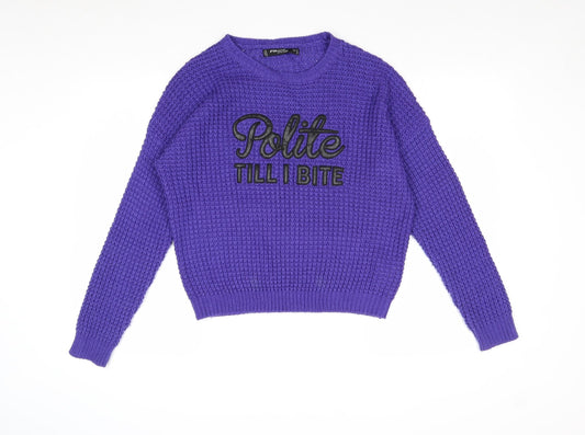 FB Sister Womens Purple Round Neck Acrylic Pullover Jumper Size XS - Polite Till I Bite