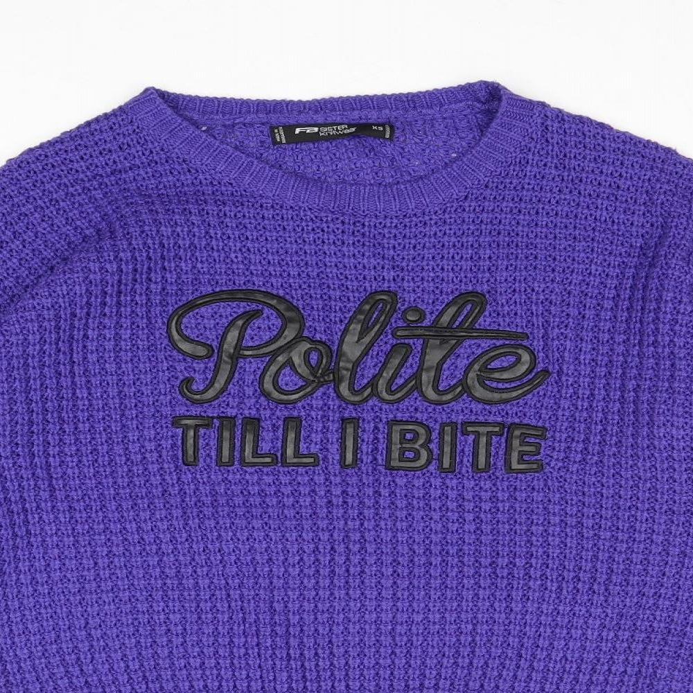 FB Sister Womens Purple Round Neck Acrylic Pullover Jumper Size XS - Polite Till I Bite