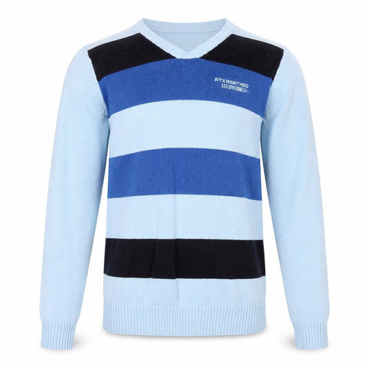 X Side Mens Blue V-Neck Striped Cotton Pullover Jumper Size S Long Sleeve