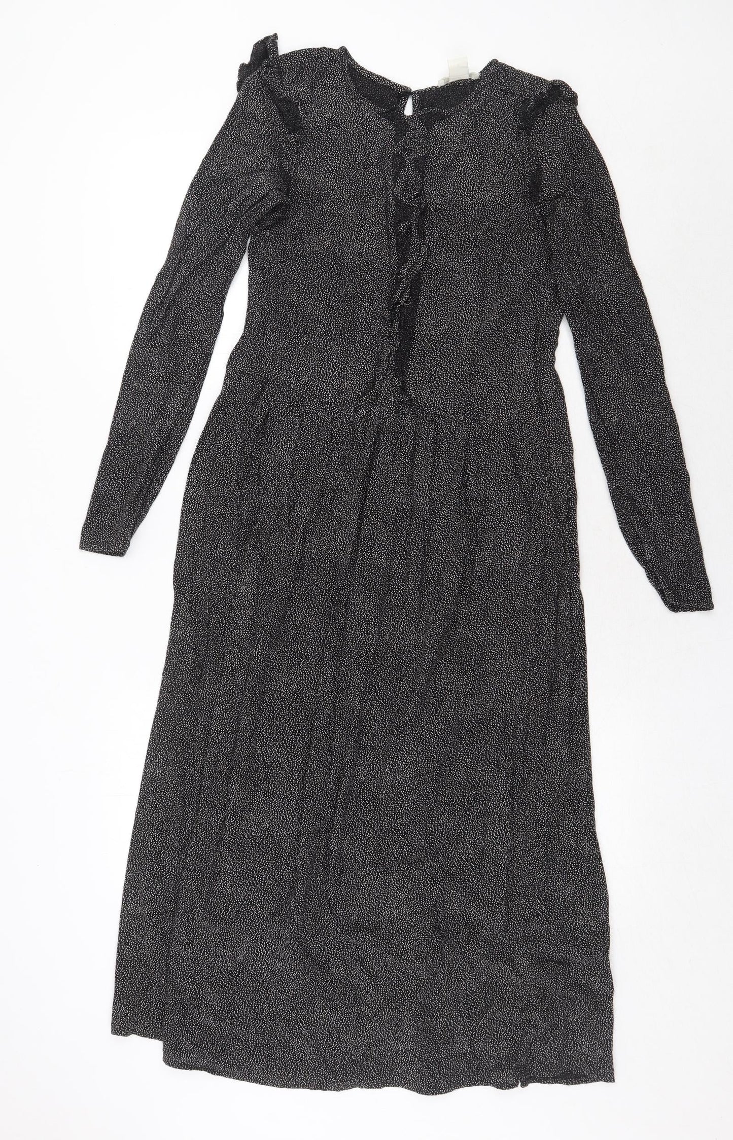 H&M Womens Black Geometric Viscose Trapeze & Swing Size 6 Round Neck Button
