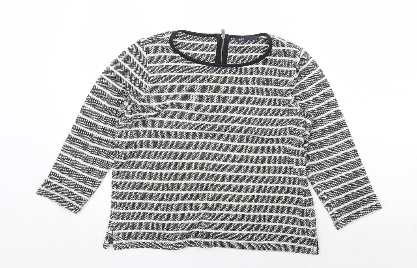 Marks and Spencer Womens Grey Striped Cotton Basic Blouse Size 12 Round Neck
