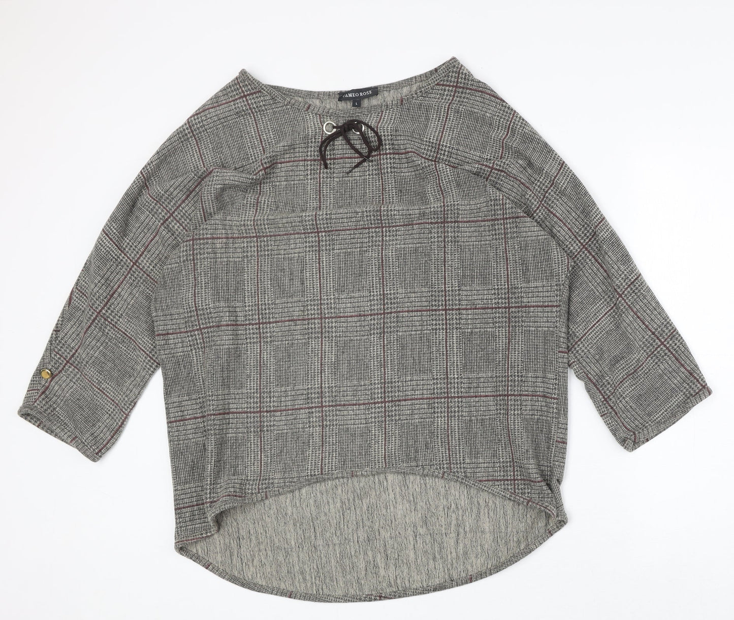 Cameo Rose Womens Brown Plaid Polyester Basic Blouse Size L Round Neck