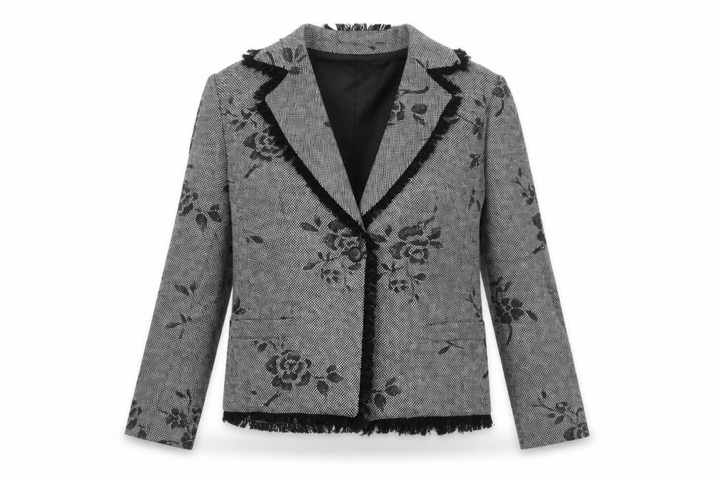 Gold Womens Black Floral Wool Jacket Blazer Size 12