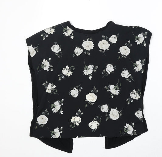 New Look Womens Black Floral Polyester Basic Blouse Size 12 Round Neck